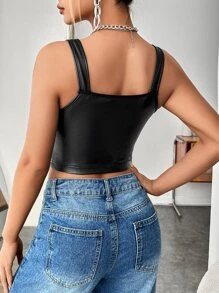 SHEIN BAE Zip Up PU Leather Tank Top - Black - View 2