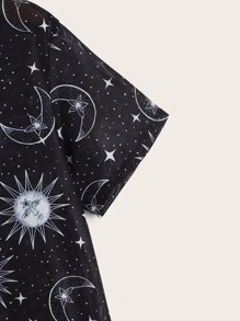 SHEIN EZwear Sun & Moon Print Tee Dress - Black - View 3