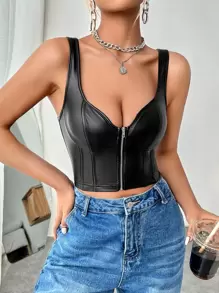 SHEIN BAE Zip Up PU Leather Tank Top - Black - View 4