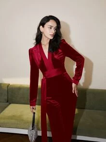 女士纯色V领长袖丝绒腰带连体裤，优雅复古风格，商务休闲，度假装，圣诞节 - 酒紅色 - 查看 4