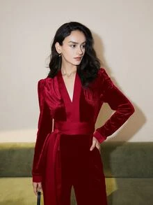 女士纯色V领长袖丝绒腰带连体裤，优雅复古风格，商务休闲，度假装，圣诞节 - 酒紅色 - 查看 5