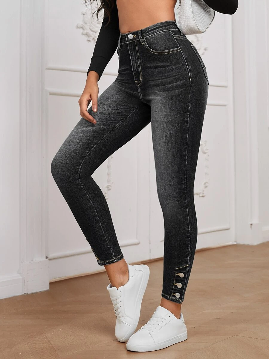 SHEIN Essnce High Waist Button Hem Skinny Jeans - Black - View 1