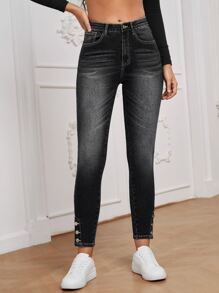 SHEIN Essnce High Waist Button Hem Skinny Jeans - Black - View 5