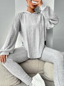SHEIN Essnce Drop Shoulder Split Hem Hoodie & Leggings - Light Grey - View 1