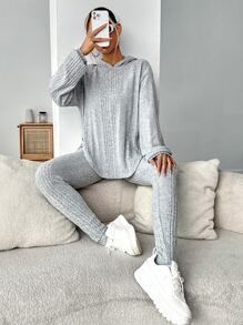 SHEIN Essnce Drop Shoulder Split Hem Hoodie & Leggings - Light Grey - View 4