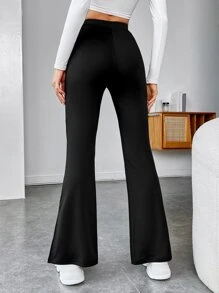 SHEIN EZwear Patched Detail Split Hem Flare Leg Trousers - Black - View 3