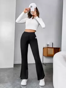 SHEIN EZwear Patched Detail Split Hem Flare Leg Trousers - Black - View 4