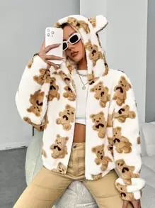 SHEIN EZwear Bear Pattern Drop Shoulder 3D Ear Design Hooded Teddy Jacket - Multicolor - View 2