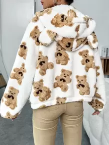 SHEIN EZwear Bear Pattern Drop Shoulder 3D Ear Design Hooded Teddy Jacket - Multicolor - View 3