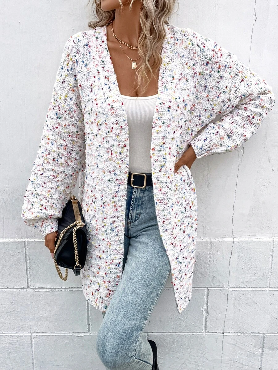 SHEIN LUNE Marled Knit Drop Shoulder Cardigan - White - View 1