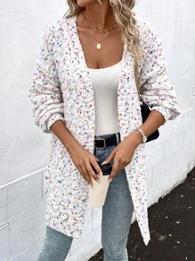 SHEIN LUNE Marled Knit Drop Shoulder Cardigan - White - View 5