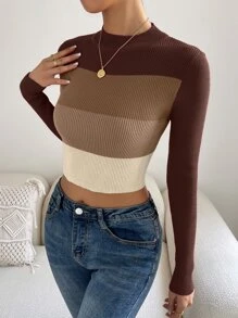 SHEIN LUNE Colour Block Mock Neck Jumper - Coffee Brown - View 5