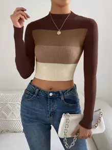 SHEIN LUNE Colour Block Mock Neck Jumper - Coffee Brown - View 6