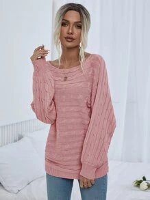 SHEIN LUNE Jersey de cuello barco tejido de cable - Rosa - Ver 4