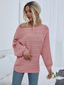 SHEIN LUNE Jersey de cuello barco tejido de cable - Rosa - Ver 5