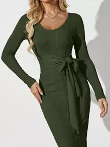 Chiquease Scoop Neck Tie Front Bodycon Dress - Army Green - View 1