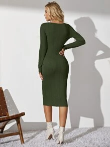 Chiquease Scoop Neck Tie Front Bodycon Dress - Army Green - View 2