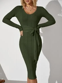 Chiquease Scoop Neck Tie Front Bodycon Dress - Army Green - View 3