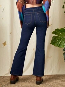 ROMWE Fairycore Flap Pocket Flare Leg Jeans - Dark Wash - View 2