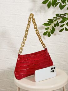 鱷魚壓紋鏈條法棍包 - 紅色 - 查看 4