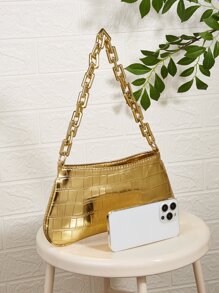 Túi dây xích cá sấu dập nổi bằng kim loại, hoàn hảo cho lễ hội âm nhạc, sôi nổi, Punk & túi để mặc dạo phố - Vàng - Xem 4