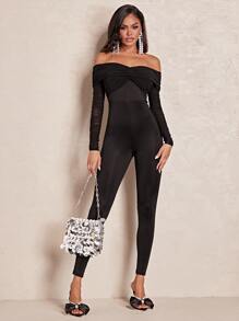 SHEIN BAE Off Shoulder Twist Front Unitard Jumpsuit - Black - View 3