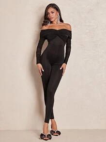 SHEIN BAE Off Shoulder Twist Front Unitard Jumpsuit - Black - View 2