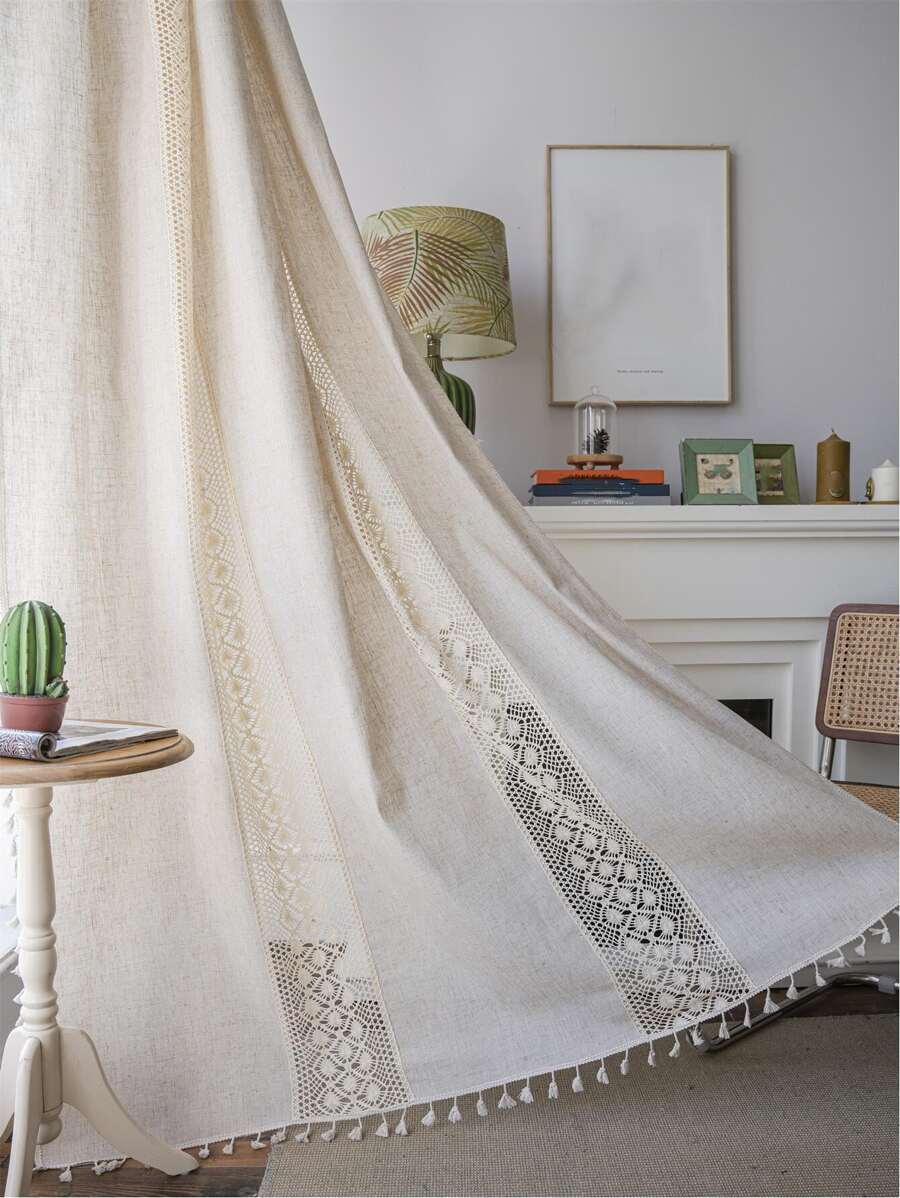 Bubaba 1pc Geometric Pattern Patchwork Blackout Curtain, Bohemian Hollow Crochet Linen Patchwork Rod Pocket Bedroom Decor Curtain, Suitable For Living Room, Bedroom, Kitchen, Dining Room, Cafe, Bay Window, All Season Home Use