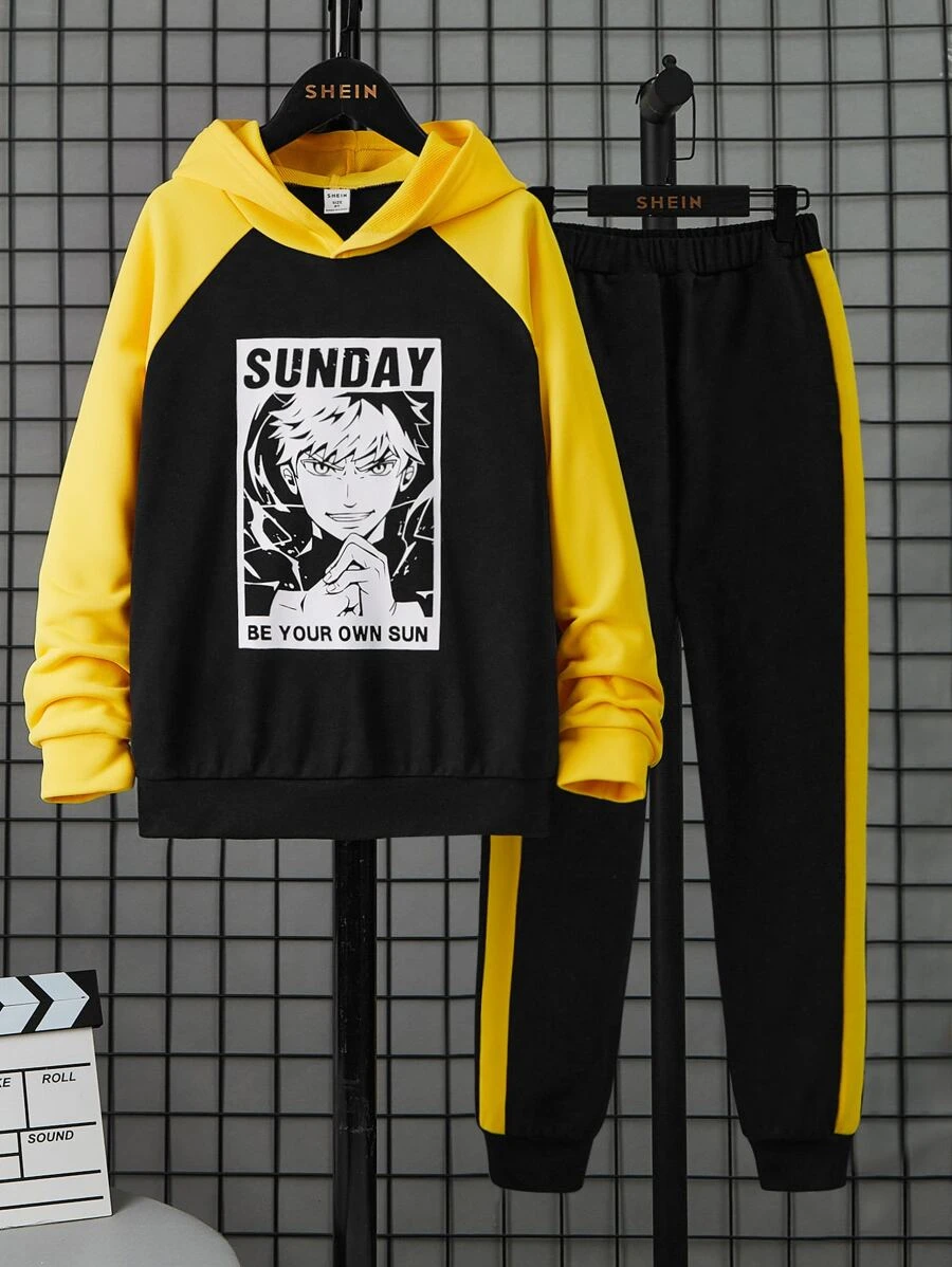 SHEIN Boys Cartoon Graphic Raglan Sleeve Hoodie & Joggers - Multicolor - View 1