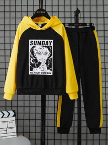 SHEIN Boys Cartoon Graphic Raglan Sleeve Hoodie & Joggers - Multicolor - View 5