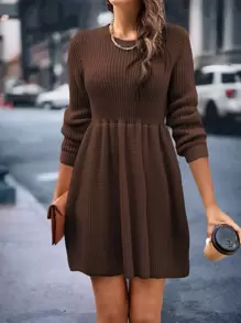 SHEIN LUNE Ribbed Knit Jumper Dress - Coffee Brown - View 5