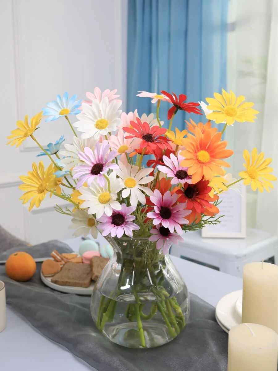 Nejlue Artificial Flowers/Plants1111 Home & Living 1pc Artificial Daisy Flower Green Silk Fake Floarl,Polyester Cloth Made Of Antioxidant And Non-Fade, Modern Simple Nordic Style For Wedding Decoration DIY Wreath Material,Bride Holding Flower,Home, Dining Room,Living Room,Bedroom,Birthday Party Decoration Materials, Valentine's Day And New Year Christmas Festival Spring Gifts Decor - Multicolor - View 1