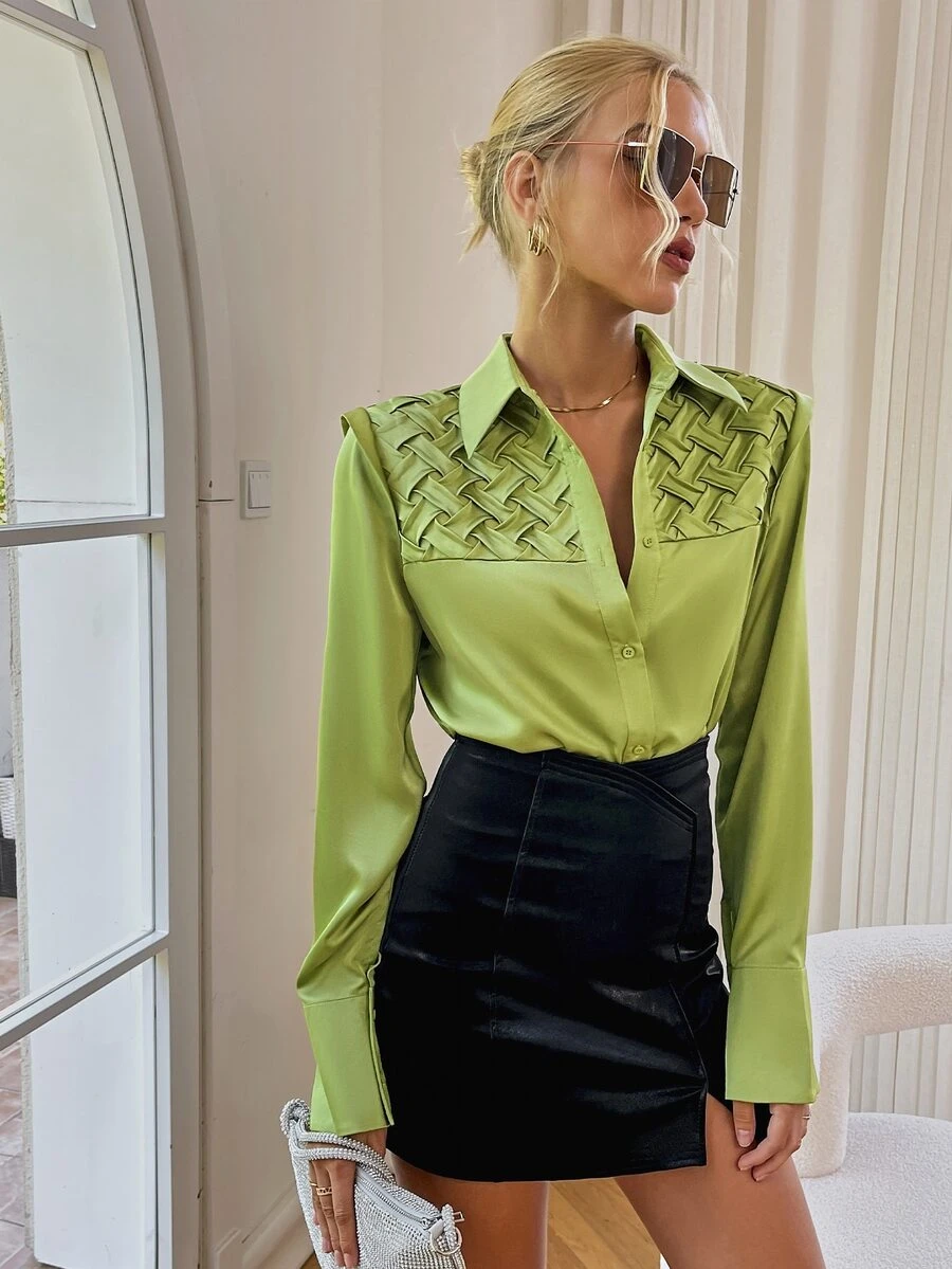 Sollinarry Button Front Satin Shirt - Lime Green - View 1