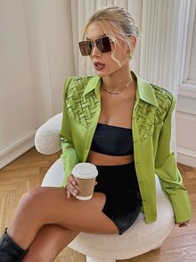 Sollinarry Button Front Satin Shirt - Lime Green - View 5