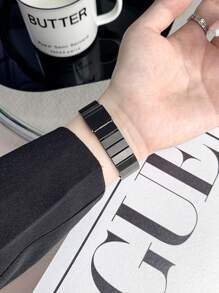 1 pieza Correa de reloj de acero inoxidable con textura de bambú, compatible con Apple Watch - Negro - Ver 2