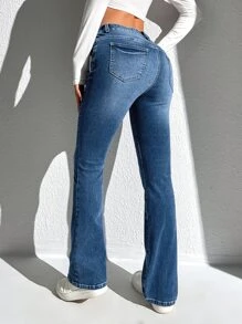 SHEIN Frenchy Quần jean nữ Nút Túi Dây kéo màu trơn - Rửa tối - Xem 4