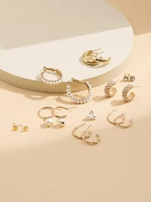 9pairs Faux Pearl & Rhinestone Decor Earrings Fashion Hoop Earrings Set Women Pearl Hoop Earrings - Yellow Gold - View 2