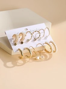 9pairs Faux Pearl & Rhinestone Decor Earrings Fashion Hoop Earrings Set Women Pearl Hoop Earrings - Yellow Gold - View 3