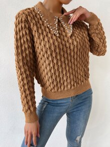 SHEIN Essnce Jersey de punto de malla con diamante de imitación con perla artificial - Marrón - Ver 4