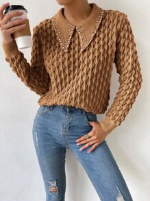 SHEIN Essnce Jersey de punto de malla con diamante de imitación con perla artificial - Marrón - Ver 5