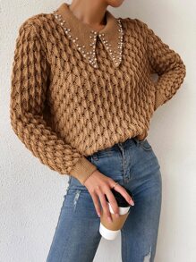 SHEIN Essnce Jersey de punto de malla con diamante de imitación con perla artificial - Marrón - Ver 6