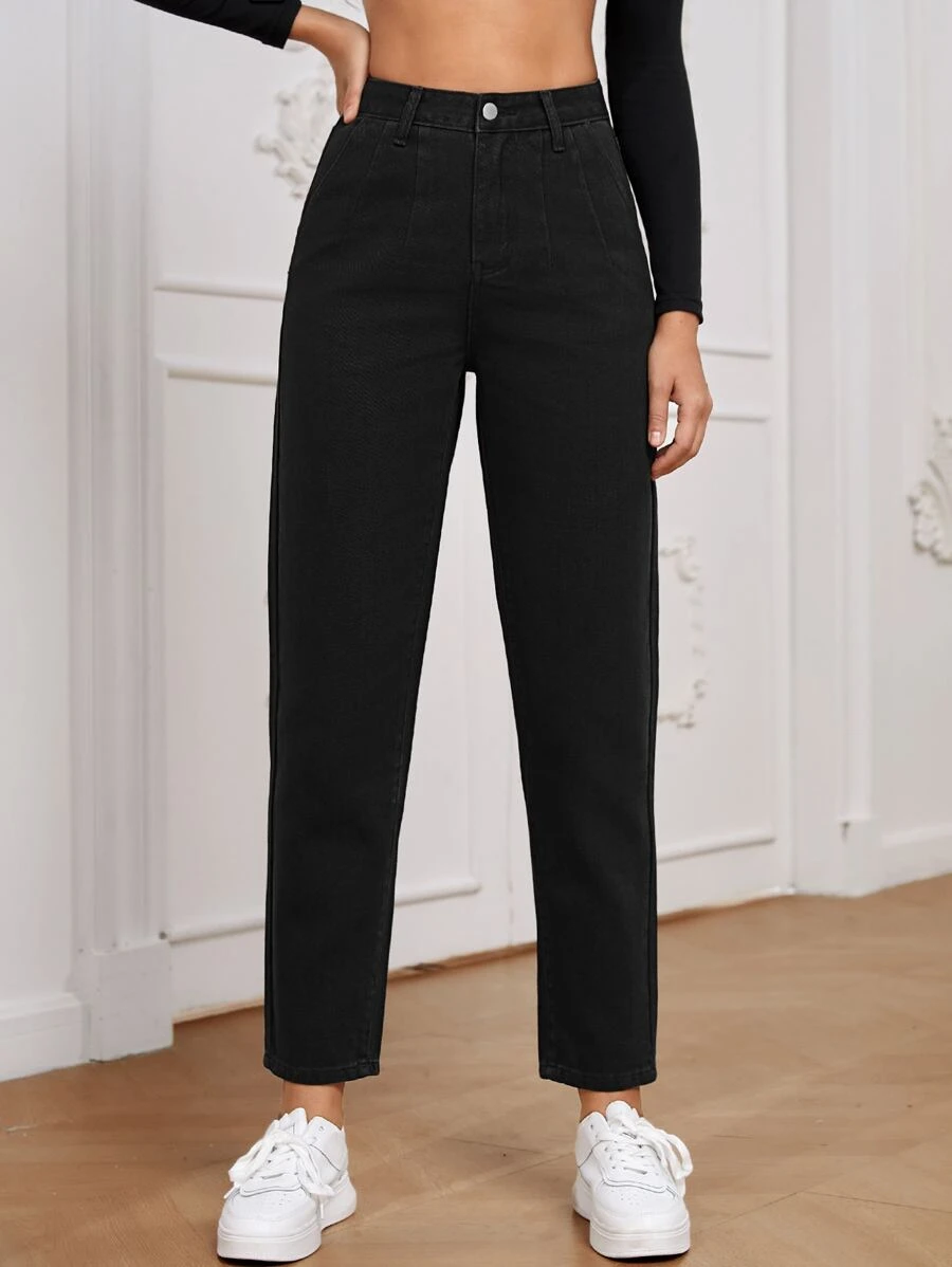 SHEIN Essnce High Waist Straight Leg Jeans - Black - View 1