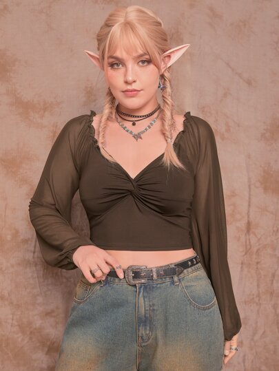 Fairycore Plus Contrast Mesh Twist Front Crop Top