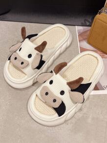 Fall/Winter Women's Stylish & Comfortable Round Toe Open-Toe Cute Cow Head Element Fabric Thick-Sole Anti-Slip Home Slippers,Furry Shoes - Multicolor - View 6