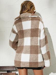 SHEIN Essnce Gingham Double Breasted Teddy Coat - Khaki - View 2