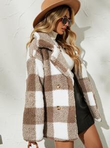 SHEIN Essnce Gingham Double Breasted Teddy Coat - Khaki - View 4