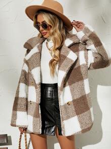 SHEIN Essnce Gingham Double Breasted Teddy Coat - Khaki - View 5