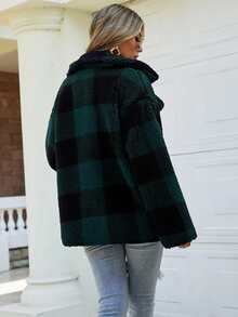 SHEIN LUNE Gingham Double Breasted Teddy Coat - Dark Green - View 2