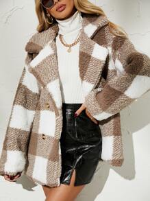 SHEIN Essnce Gingham Double Breasted Teddy Coat - Khaki - View 7