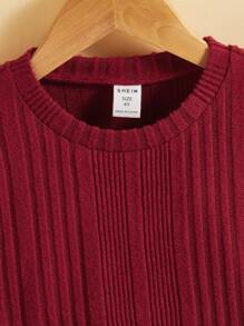 SHEIN 小女童落肩袖羅紋針織T恤 - 酒紅色 - 查看 3